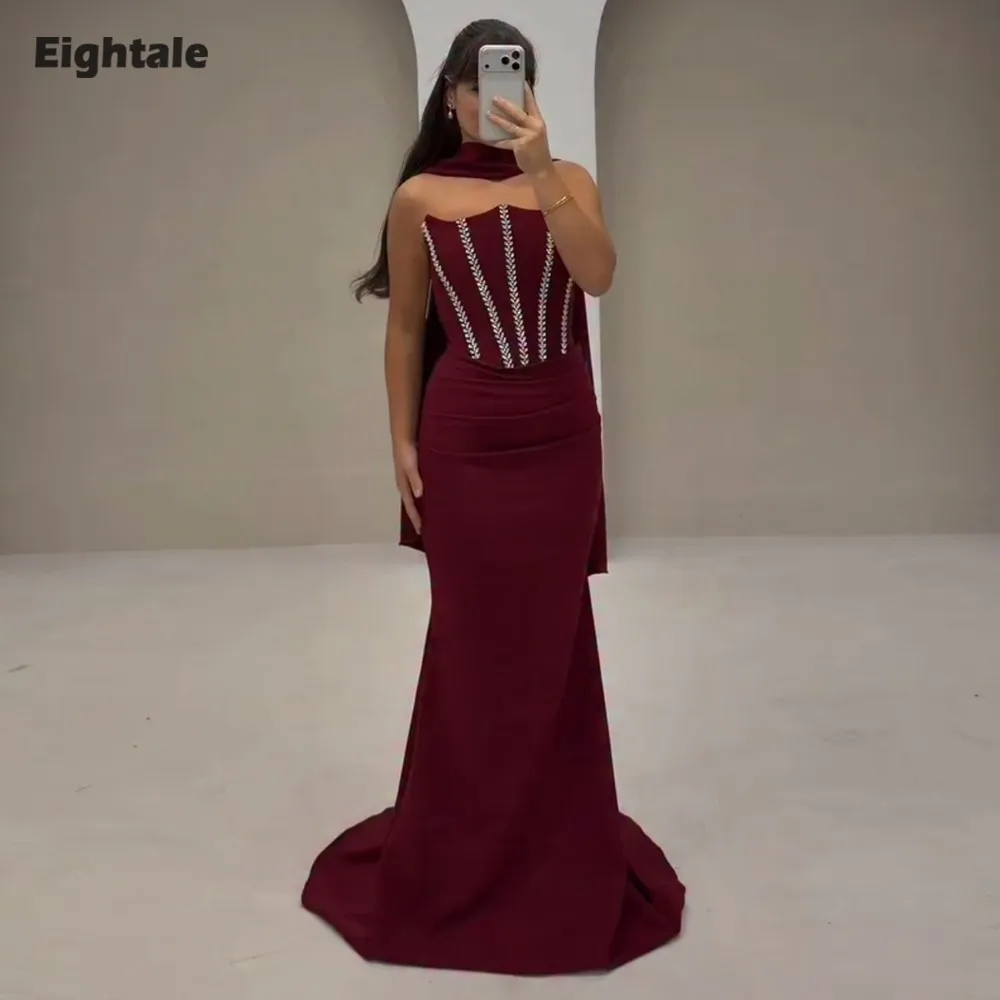 

Eightale Arabic Evening Dress Luxury Prom Gown Customized Scoop Beaded Burgundy Wedding Party Dress Mermaid Robes De Soirée