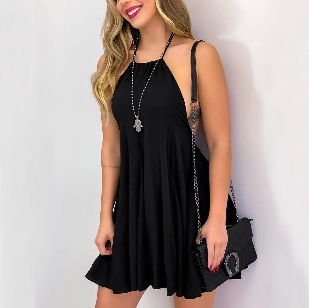 

Sexy Women Summer Sleeveless Backless A-Line Dress Patchwork Design Halter Solid Color Slim Pullovers Mini Dress for Streetwear