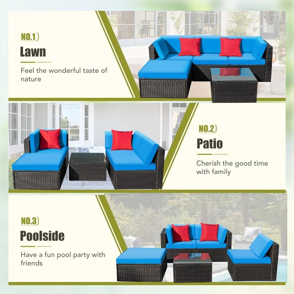 Wicker Rattan Outdoor Móveis, Pátio Conversa Set, Sofá com Almofadas, Travesseiros e Mesa de Vidro, varanda e gramado, 5 PCs