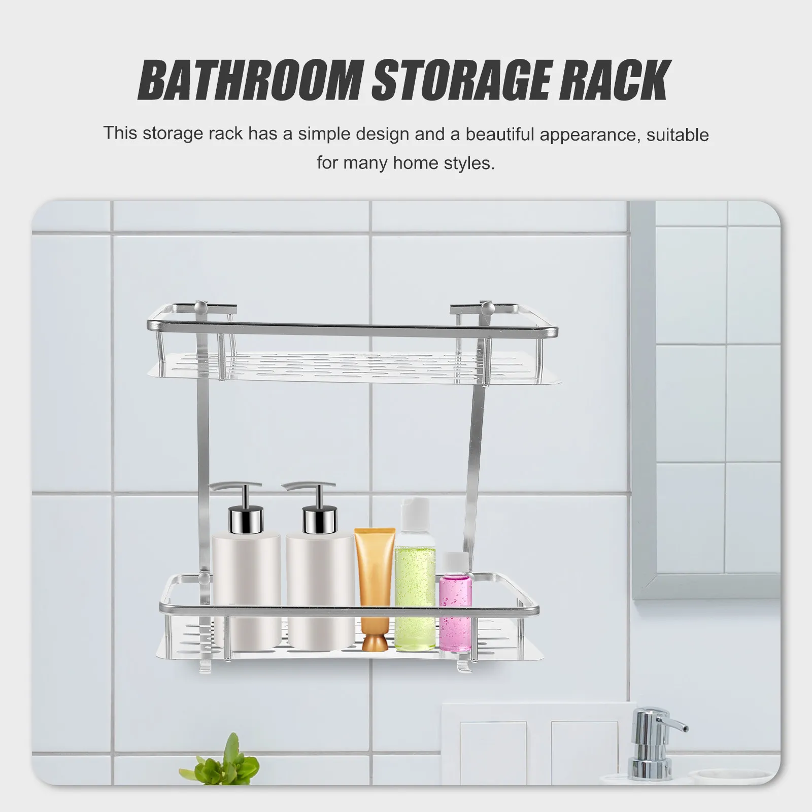 

Aluminium Alloy Bathroom Wall Mounted Storage Rack Double Layer Drain Shelf for Shampoo Bottles Soap Organizer No Drill Adhesive