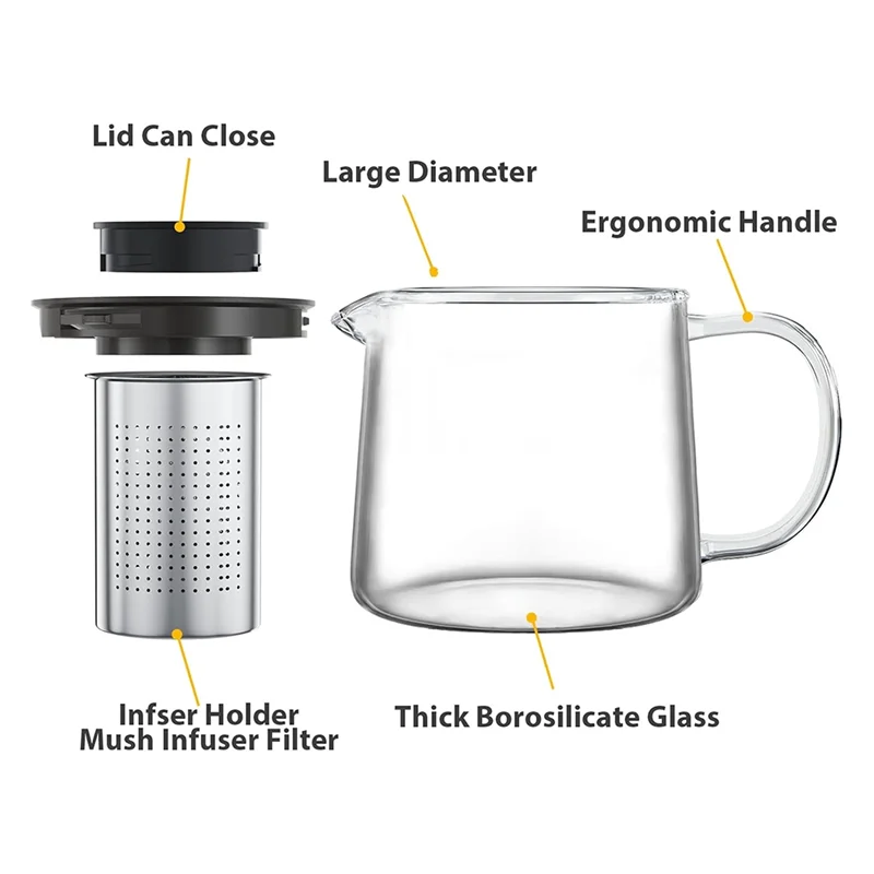 TKOH-Safe Glass Teapot With Infuser-1000Ml/33 OZ Tea Kettle For Blooming Tea Loose Premium Tea Maker Coffee Pot 1000Ml