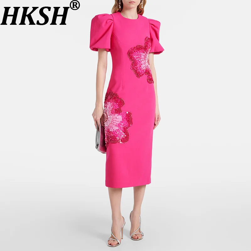 

Женское платье HKSH с богатой отделкой, расшитое бисером и пайетками, с цветочным узором, круглым вырезом, короткими рукавами, приталенное, элегантное, класса люкс HK21658