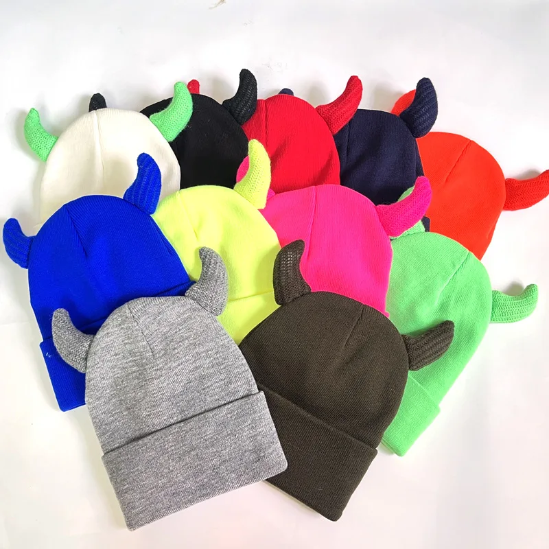 2025 Men's and Women's Couples Devil's Crook Knit Cap with Outdoor Ear Protection Wool Cap Street Hip-hop Cap Ski Hat