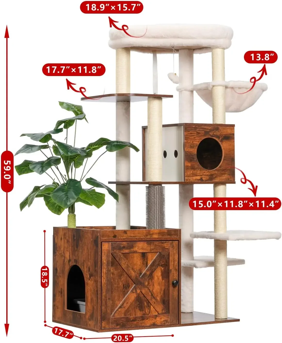 Árbol para gatos con caja de arena, torre grande de madera para gatos, condominio para gatos de interior con jardín de juegos (hoja, césped, gomas para el cabello)