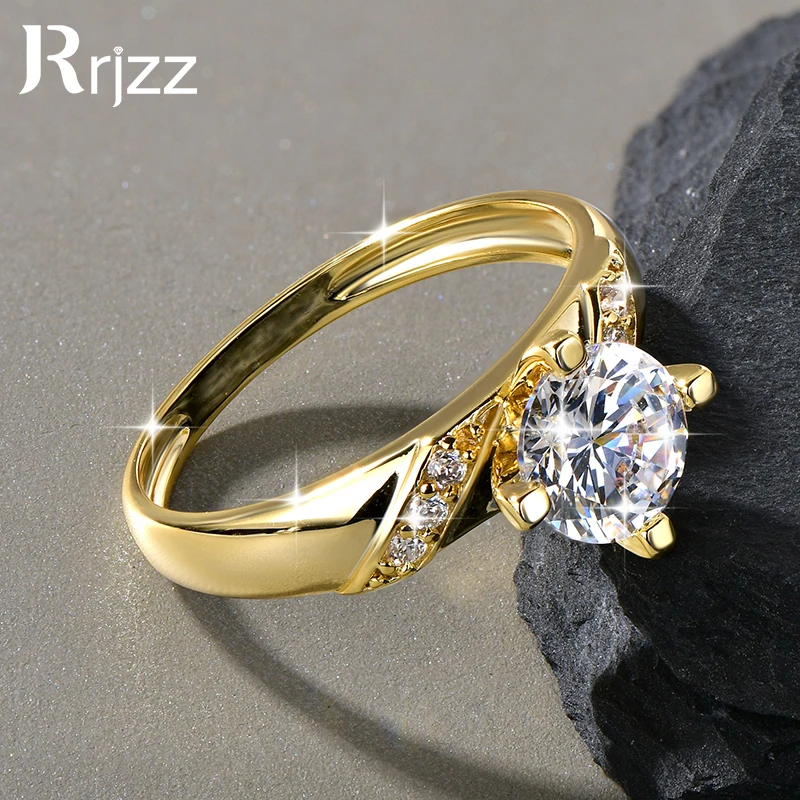 

Rrjzz 14K Gold Plated CZ Lab Diamond Promise Anniversary Ring 7mm Round Cut Cubic Zirconia Wedding Engagement Rings for Women