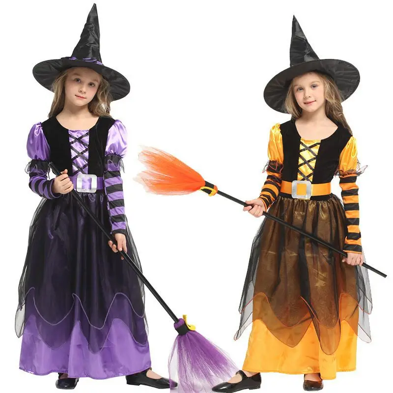 Halloween Children Purple Witch Costume Girls Fairytale Wizard Dress Kids Clothes Baby Bat Spider Party Cosplay Outfit 2-12T