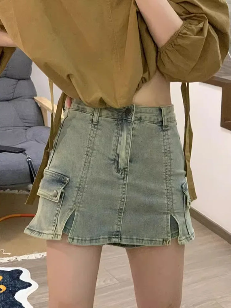 American Style Fashion Vintage Pockets Denim Skirt Summer 2024 Women Sexy Slim Wrap Hip A-line Skirt Coquette Gyaru New Design