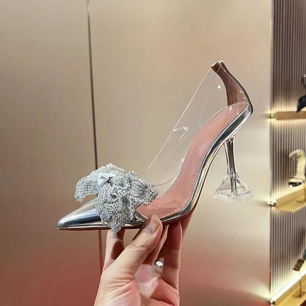Summer new pointed toe wrap transparent PVC rhinestone bow sandals wine glass heel high-heeled banquet large size women's shoes