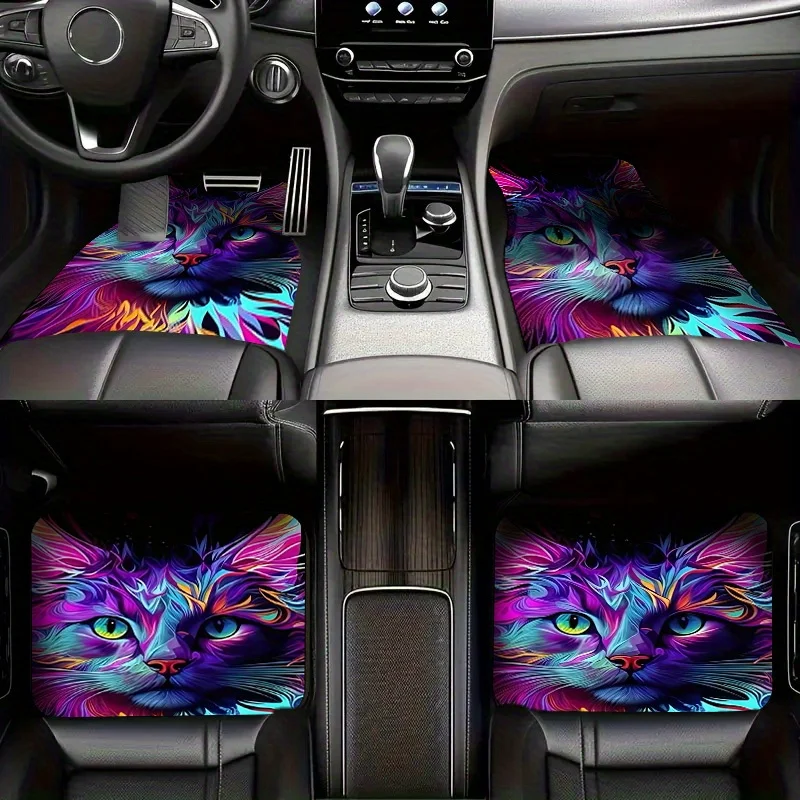 4pcs Colorful Blue-Purple Cat Pattern Car Floor Mats | Universal Fit, Polyester, Suitable For All Vehicles, Fits Front And Rear