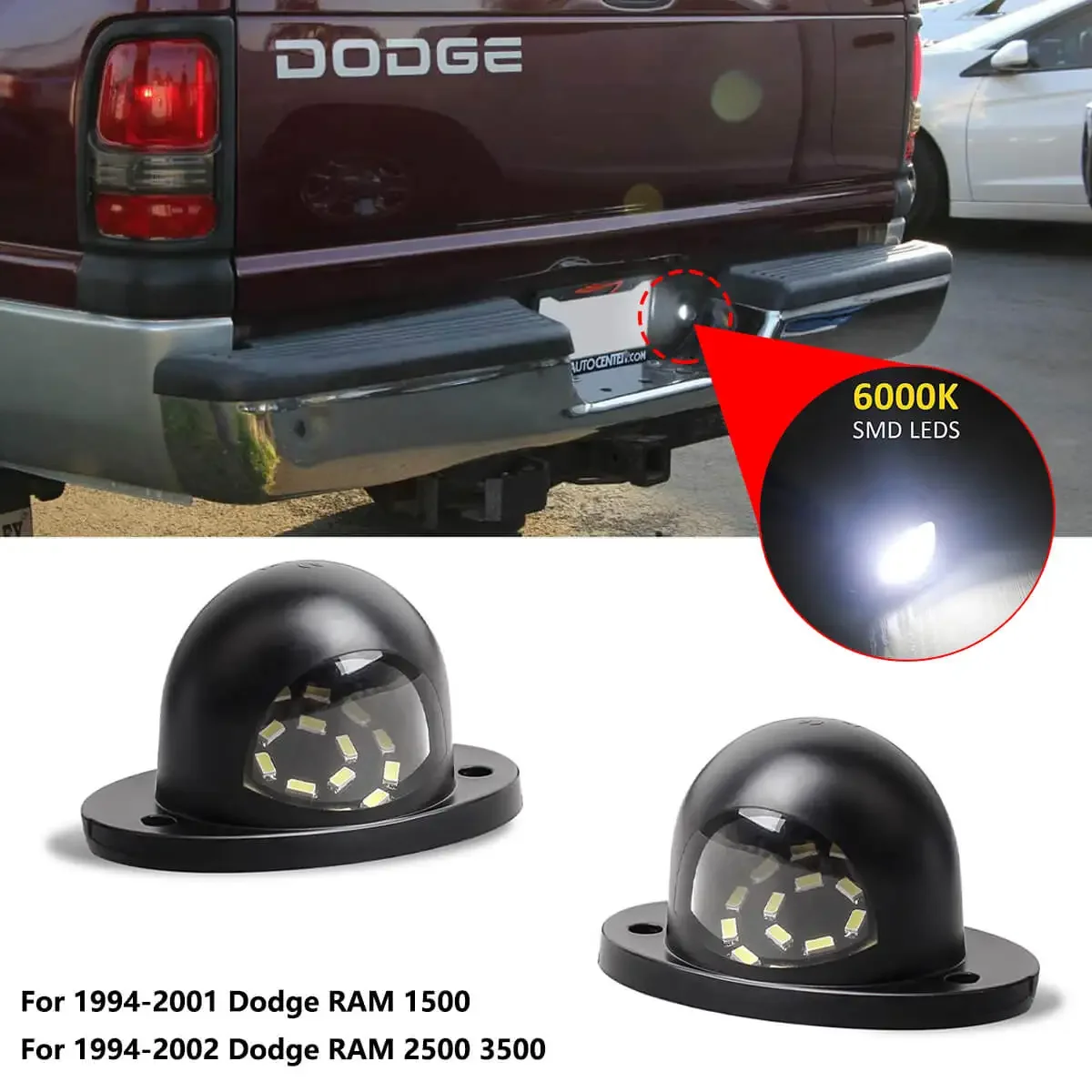 2Pcs 6000K White LED License Plate Tag Light For Dodge RAM 1500 2500 3500 Pickup 1994-2001/1994-2002