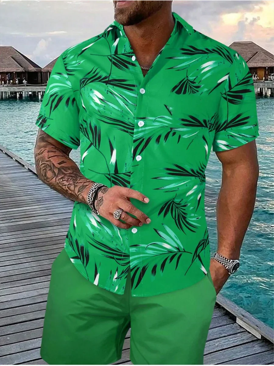 2024 New Fashion Men\'s Leaf Print Short Sleeve Shirt Summer Beach Resort Style Tropical Hawaiian Shirt Men\'s Top 6XL