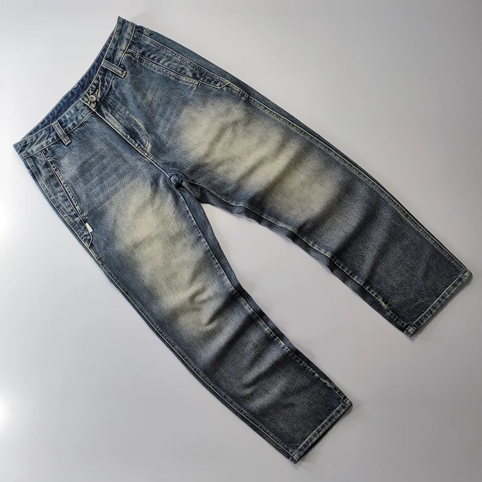 

American Casual Vintage Distred Denim Wide Leg Pants mid Waist Loose Straight Cut Winter Men's Jeans Long Trousers