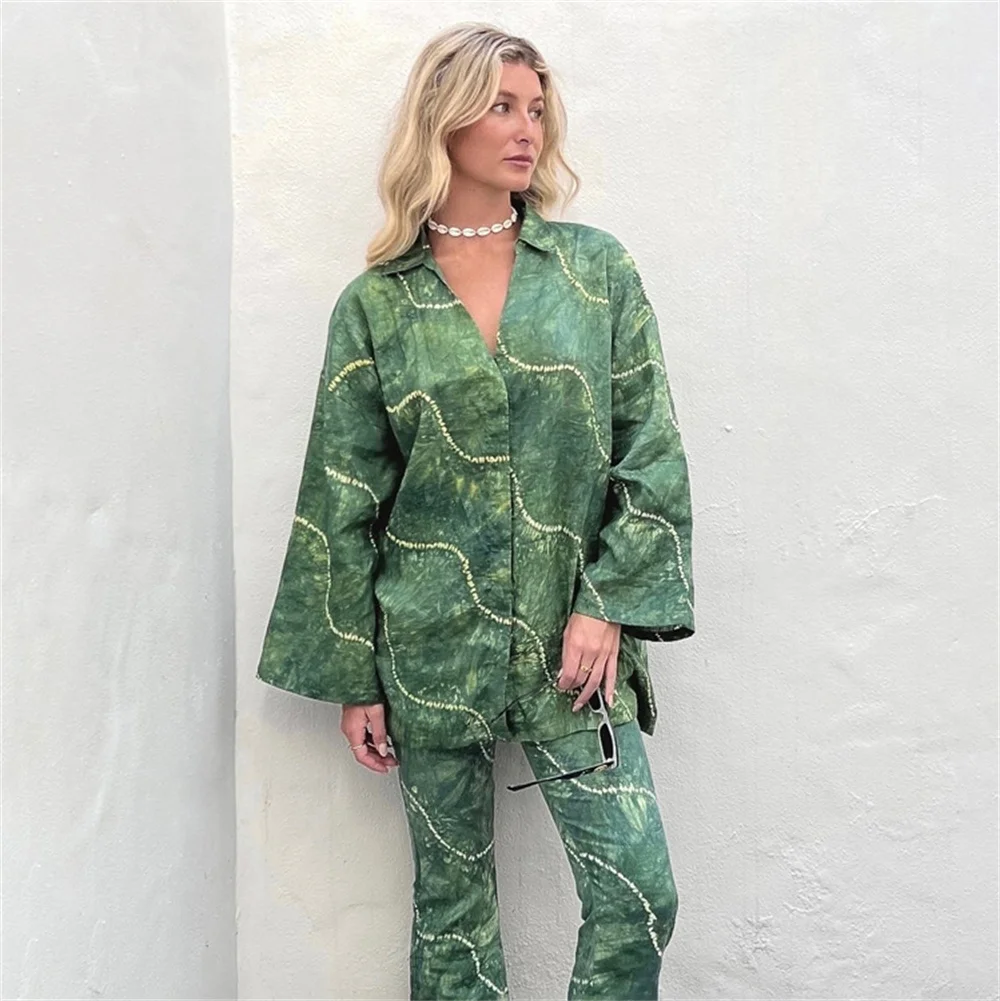 Women Print Green Casual Long Sleeve Shirt Pants 2 Piece Set Spring Autumn Turn-Down Collar Top and Wide Leg Long Pant Suit