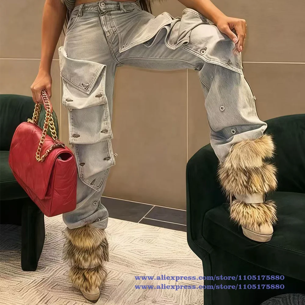 

Brown Faux Fur Ankle Boots Belt Buckle Stiletto Heels Platform Zipper Women Shoes Novelty Designer Boots Party Botas Mujer