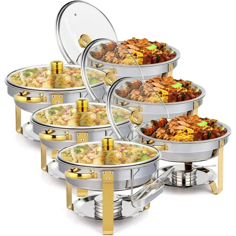 

Dish Buffet Set Gold Accent Round NSF Stainless Steel Warmer Glass Lid Holder Catering Event Partie