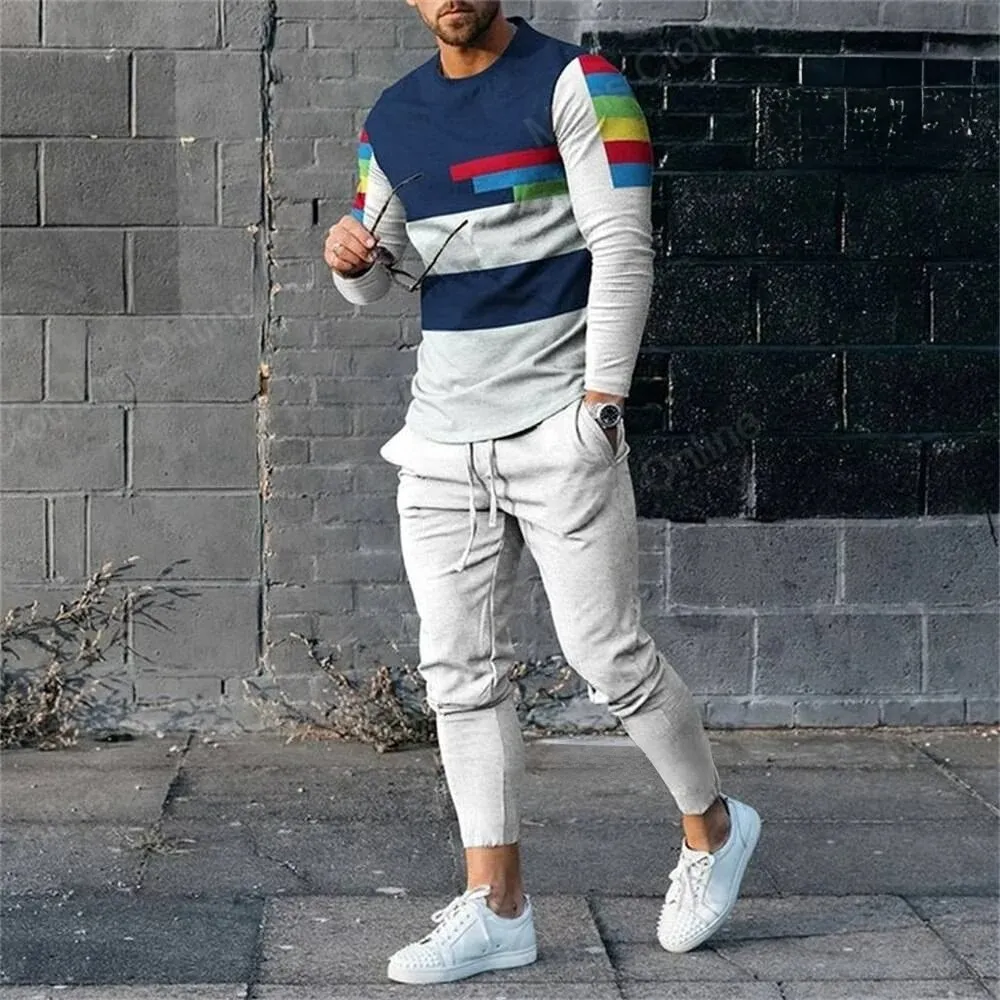 Fashion Stripe 3D Print Men\'s Sportswear Set Casual Long-Sleeved T Shirt Pants 2-Piece Set Oversized Pullover Men Clothing