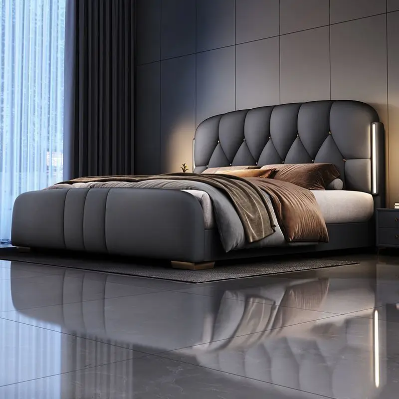 

Hot Selling Modern LED Light Up-holstered Beds Soft Faux Leather Queen Bed Master Bedroom Furniture King Bed Storage Wholesale