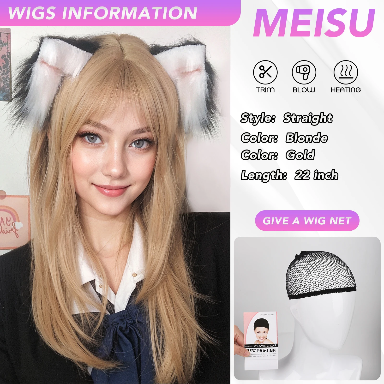 MEISU 22 Inch Long Straight Bangs Wig Fiber Synthetic Wig Heat-resistant Non-Glare Natural Cosplay Hairpiece For Women Daily Use