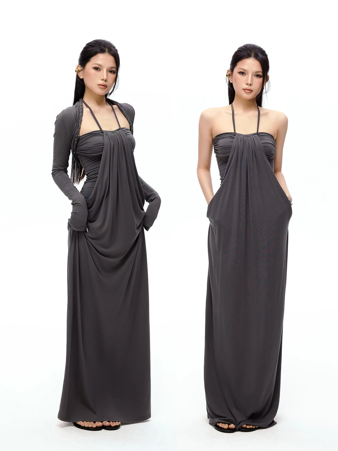 

High Quali Lyocell Silk Ne Hanging Long Dr awl Dr Two Piece Set Sexy High Waist Knitted H-ape Gown for Women