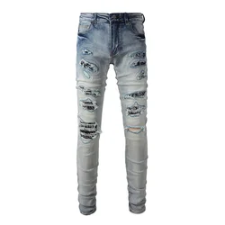 Men Bandana Paisley Print Patch Denim Jeans Streetwear Skinny Tapered Stretch Pants Light Blue Ripped Distressed Trousers