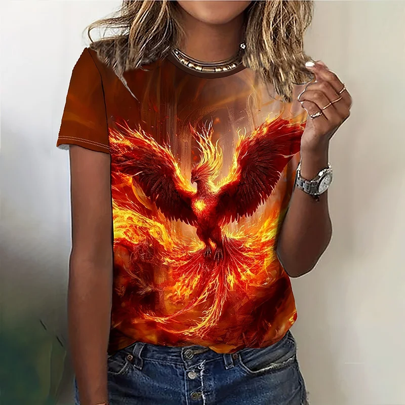 Fashion Women's Crew Neck Short Sleeve T-shirt Printed 3D Phoenix Oversized Women's Loose Top T-shirt Summer Casual T-shirt