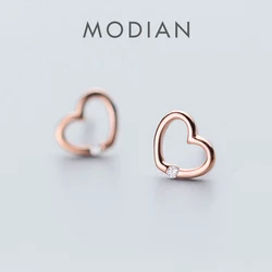 Modian 100% 925 Sterling Silver Rose Gold Color Hearts Clear CZ Stud Earrings for Women Fashion Wedding Silver Jewelry Bijoux