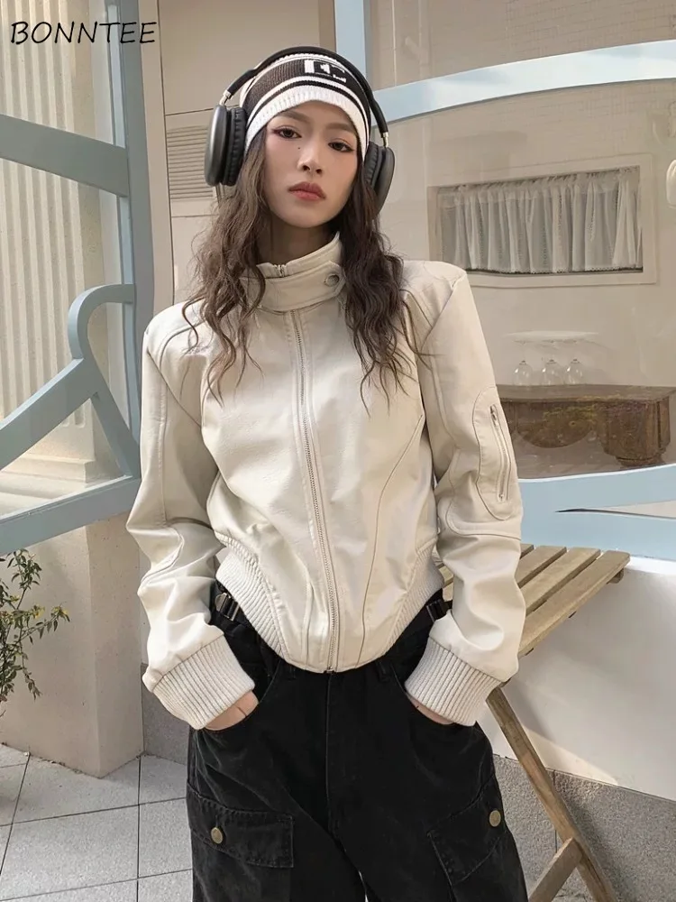 

PU Jackets for Women American Retro Motorcycle Style Zipper All-match Korean Fashion Loose Fit Autumn Sweet Cool Girls Outwear