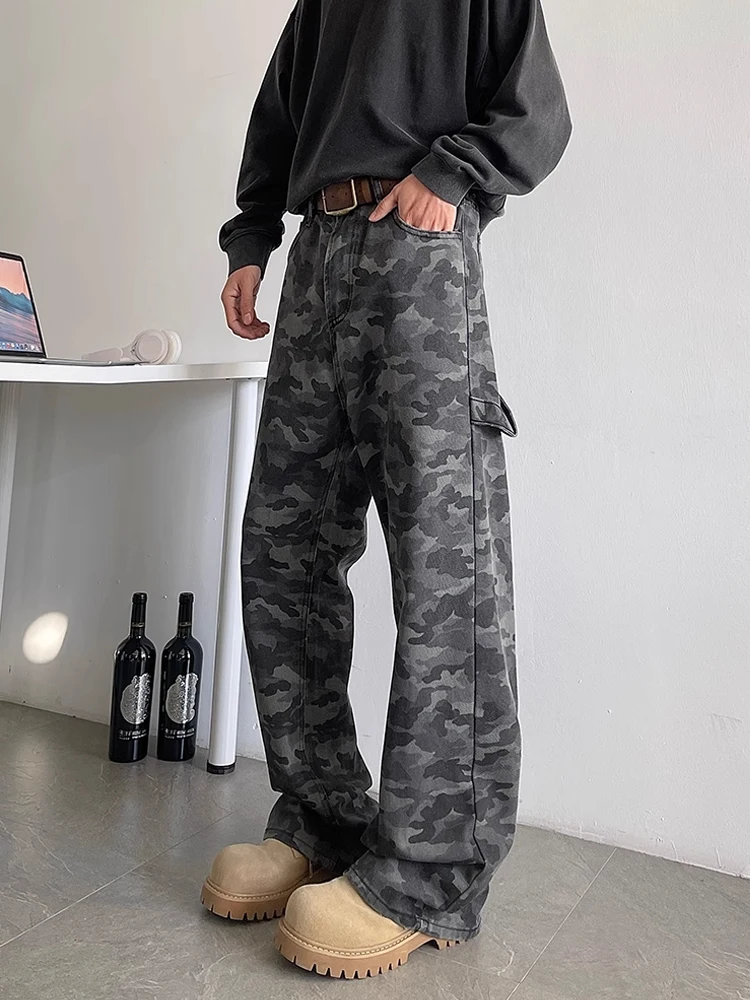 Plones de Trabajo de Camuflaje Retro Estilo Americano para Hombre, Plones Casus de Pierna Recta y Ancha de Corte L...