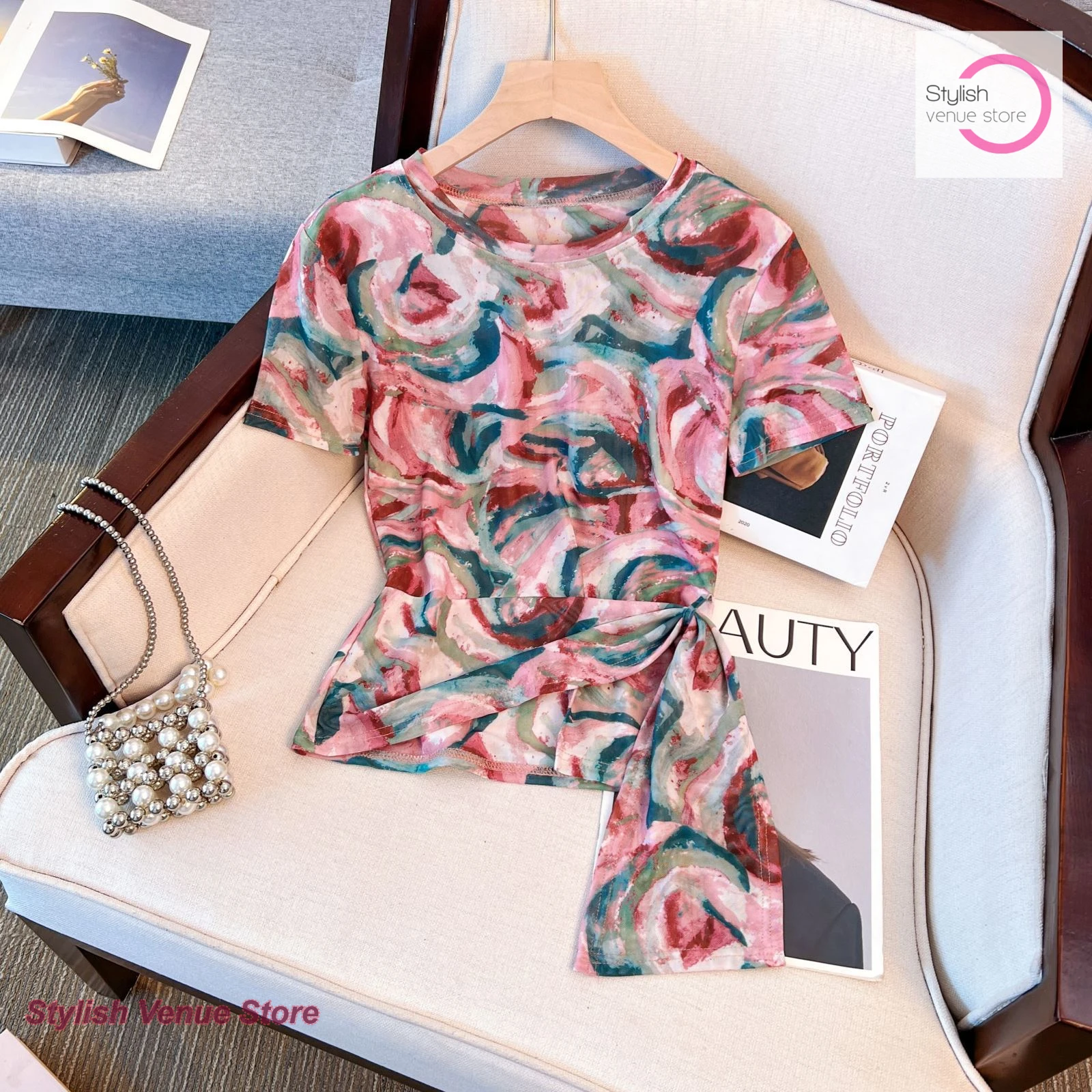 

Новая летняя двухслойная марлевая футболка с короткими рукавами, женская блузка Джокер во французском стиле с принтом темпераментного дизайна, повседневный топ.