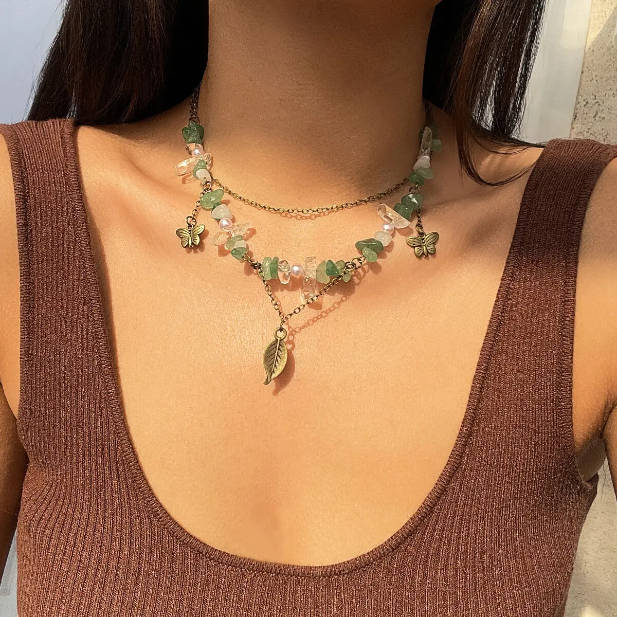 

IngeSight.Z Vintage Copper Color Butterfly Tree Leaf Charm Necklace for Women Multilayer Metal Link Chain Choker Neck Jewelry