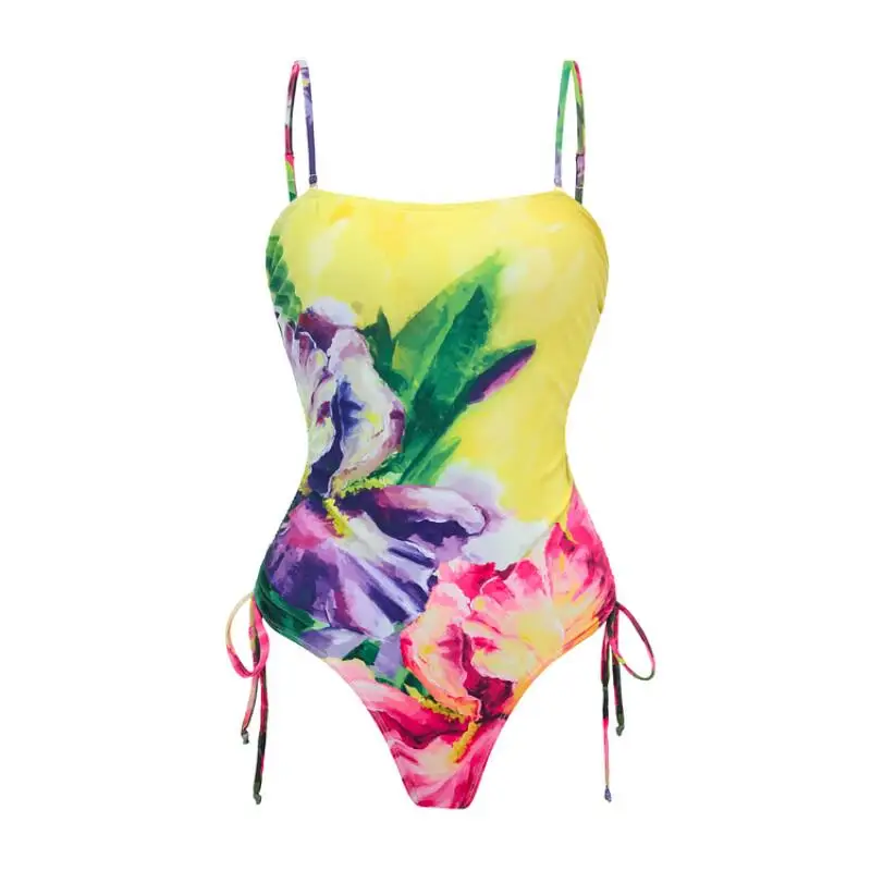 Flaxmaker-bañador y Sarong para mujer, traje de baño de una pieza con estampado Vintage, traje de baño con estampado de flores y pintura al óleo amarilla, falda