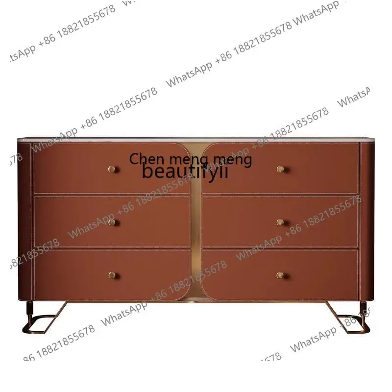 

Saddle leatherdining side cabinet light luxury rock slab modern simple entrance high cabinet integrated against the wall storage