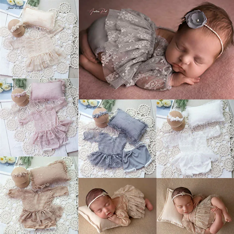 Newborn Photography Clothing Elastic Lace Jacquard dress Pillow Headwear Set Full Moon100 Days Baby Photo Studio