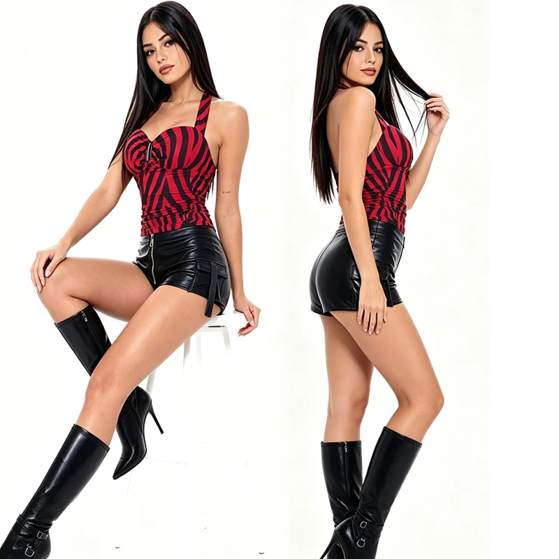 Obsession Nikki Cosplay Costume Zebra Halter Top Faux Leather Cargo Shorts Punk Streetwear Halloween Carnival Disguise Outfits view 3