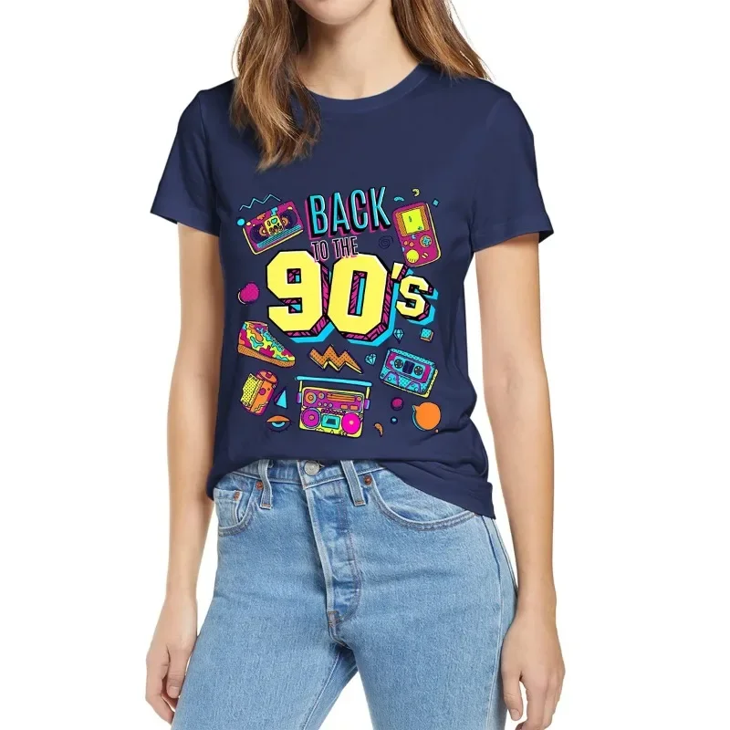Retro 90s Graphic Print Crew Neck T-Shirt, Comfortable and Casual Summer Top for Women