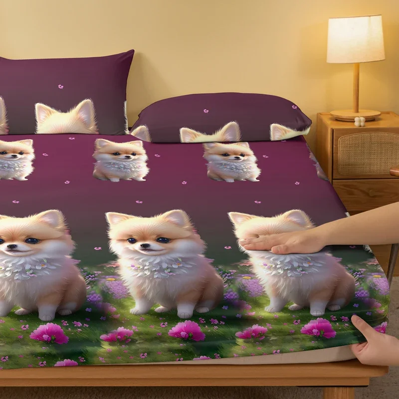 1 Love dog Pomeranian patterned frosted bedsheet, printed bed cover for bedroom, bedding (excluding pillowcases)