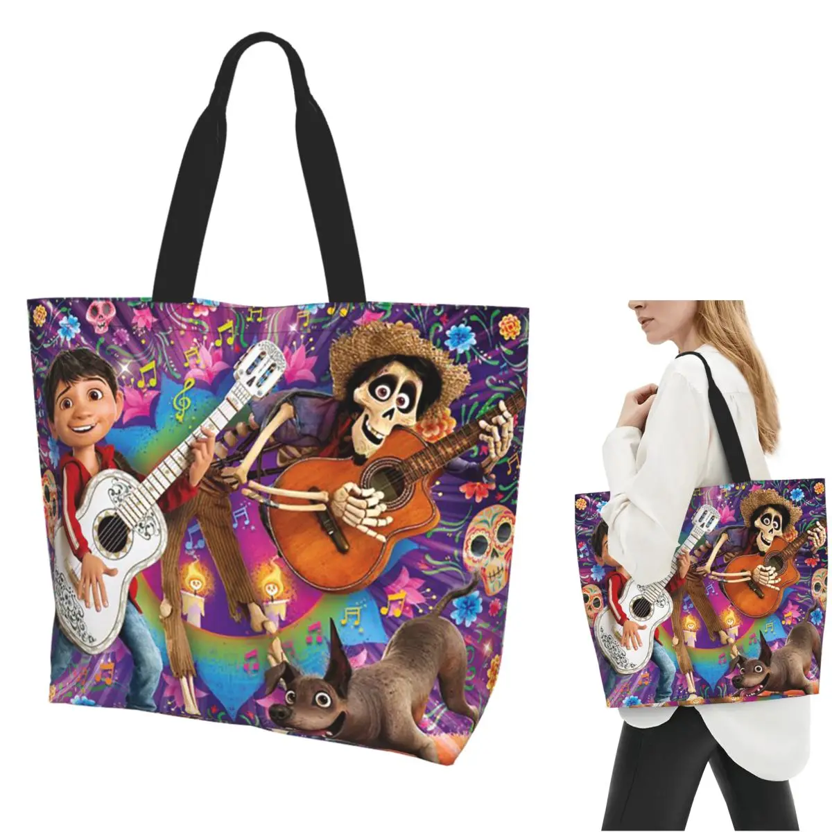 Bolso de compras de dibujos animados de Coco, bolso de hombro de lona de gran capacidad, bolso de compras para mujer