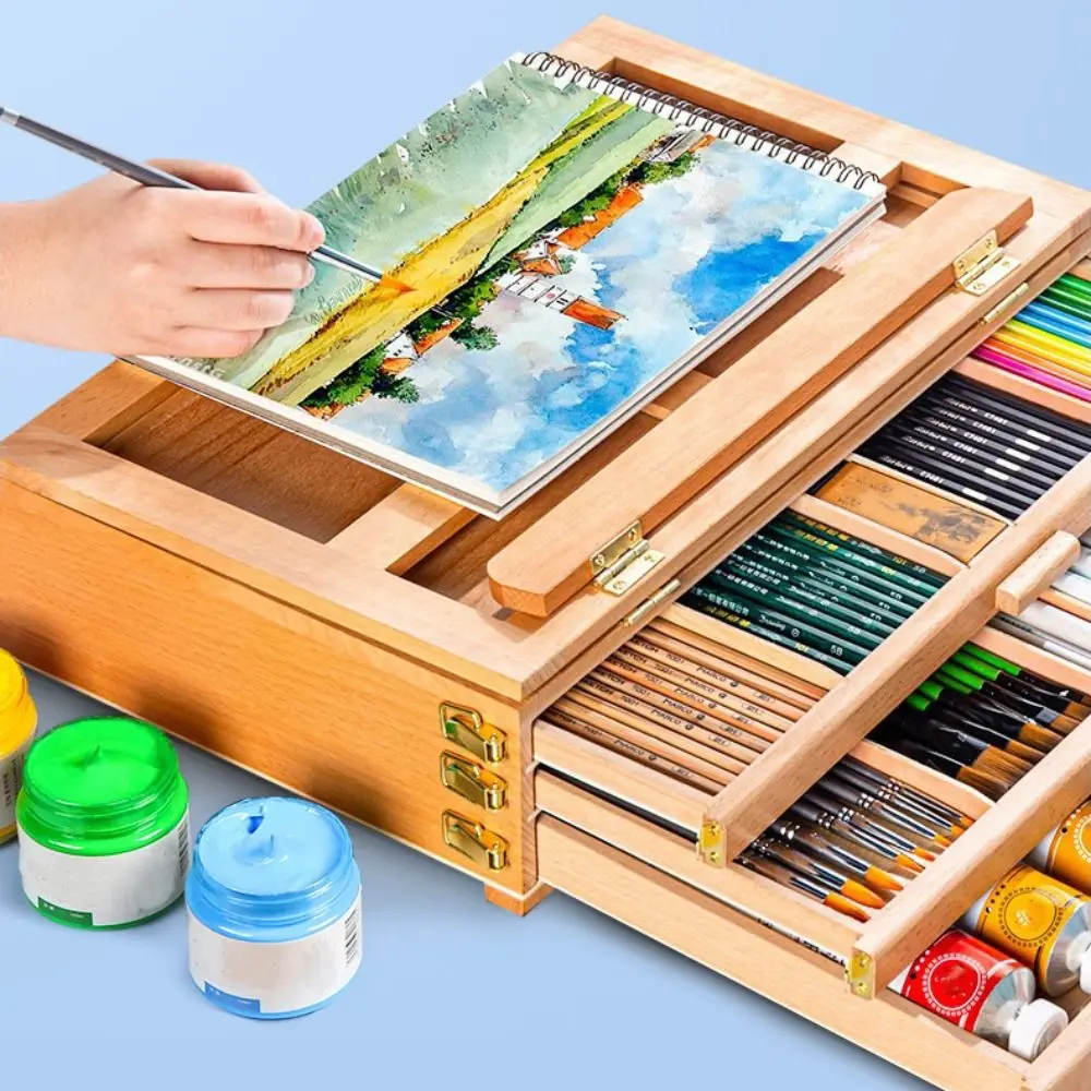 

Adjustable Beech Wooden Table Easel Professional Oil Paint Art Painting Easel Box Multifunction Folding Sketch Drawer Box Travel