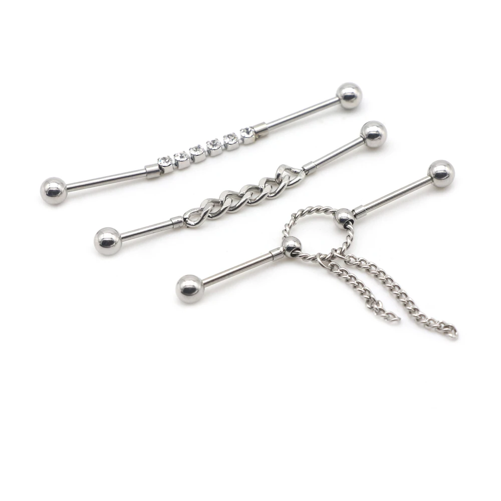 

60pcs Long Ear Stud Double Ear Hole Chain Scaffold Industrial Piercing Barbell Stainless Steel Men Earring