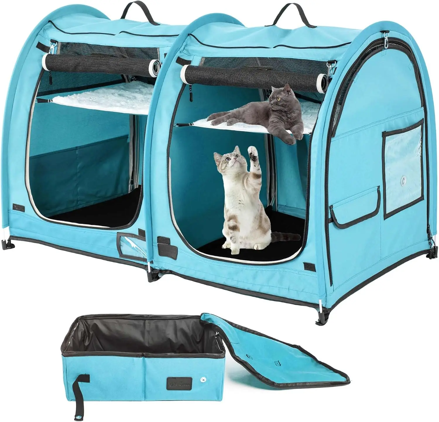 Portable Twin Compartment Show House Cat Cage/Condo - Easy to Fold & Carry Kennel - Comfy Puppy Home & Dog Travel Crate with Portable Carry Bag/Two Hammocks/Mats and Collapsible Litter Box