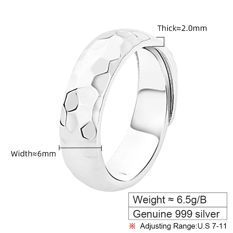 ZABRA 999 Sterling Silver Hammer Pattern Plain Ring for Men and Women Single Ring Gift for The Year of The Loong