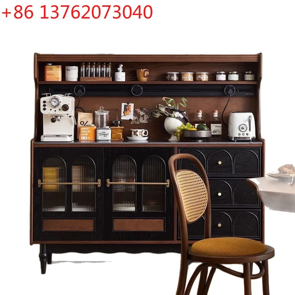 

French retro solid wood rock slab dining side cabinet integrated storage cabinet against the wall medium antique tea cabinet