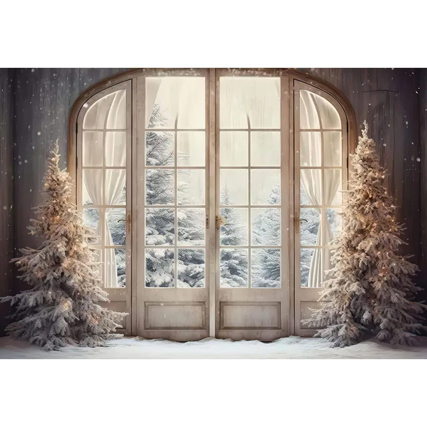 Mehofond Christmas Decor Backdrop Tree Window Door Snow Indoor Kids Portrait Photography Background Photo Studio Photobooth Prop