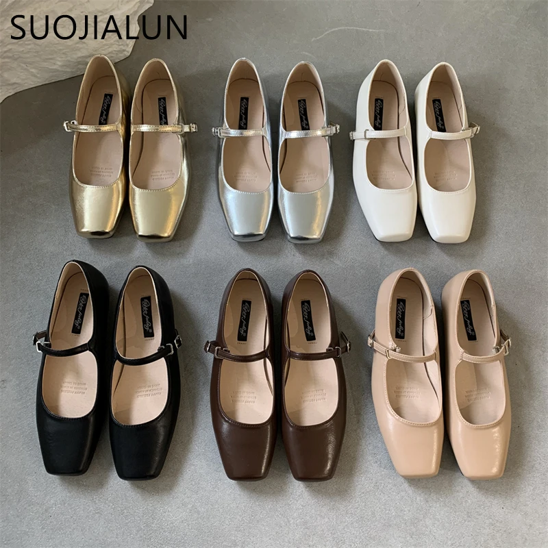 SUOJIALUN 2023 Summer New Brand Women Flats Fashion Square Toe Shallow Mary Jane Shoes Soft Casual Ballet Shoes Slingback Shoes