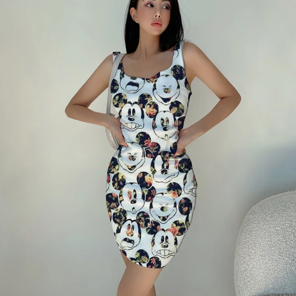 2024 New Winnie the Pooh Cartoon Pattern Print Dress Summer Comfortable Casual Dress Slim Tight Fashion Sleeveless Short Dress