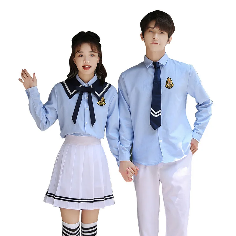 C009 Wholesale High  School Uniform Sets Long Sleeved Shirts for Junior Students Navy Collars Graduation Class Clothes