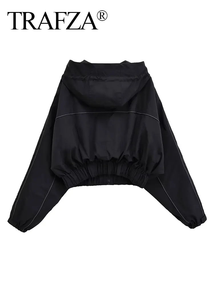 TRAFZA 2024 ฤดูใบไม้ร่วงHoodedเสื้อแจ็คเก็ตผู้หญิงแฟชั่นหลวมZipper Fly Croppedแจ็คเก็ตผู้หญิงด้านบนกับกระเป๋าหญิงเสื้อ