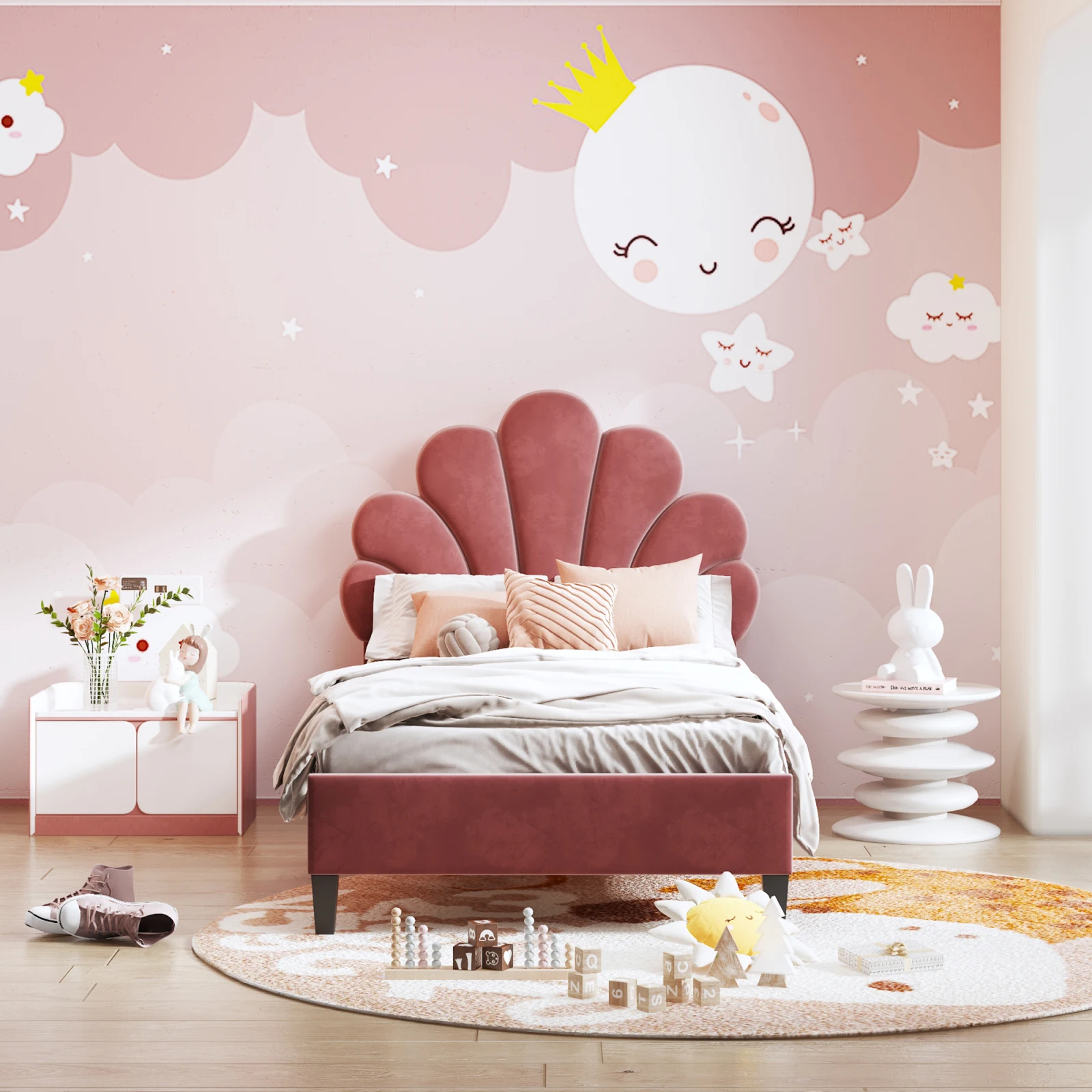 Rosahqnda Kinderbed gestoffeerd 90X200 cm met in hoogte verstelbaar bloemenhoofdeinde, meisjesbed, eenpersoonsbed