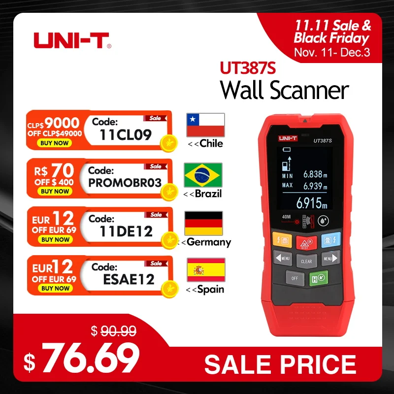 UNI-T 4 In 1 Metal Detector UT387E UT387S UT387LM Wall Scanners Wood AC Voltage Live Wire Stud Finder Wall Detector For Home