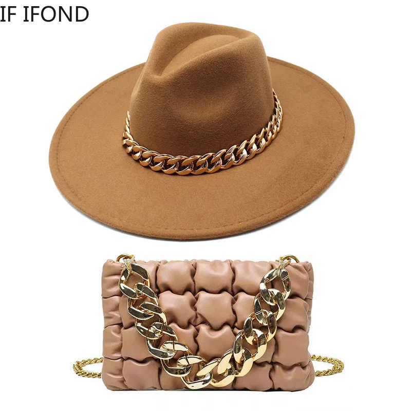 Fashion Luxury Two-piece Set Big Wide Brim 9.5CM Fedora Hat And Oversized Chain Accessory Bag Party Jazz Hats For Women